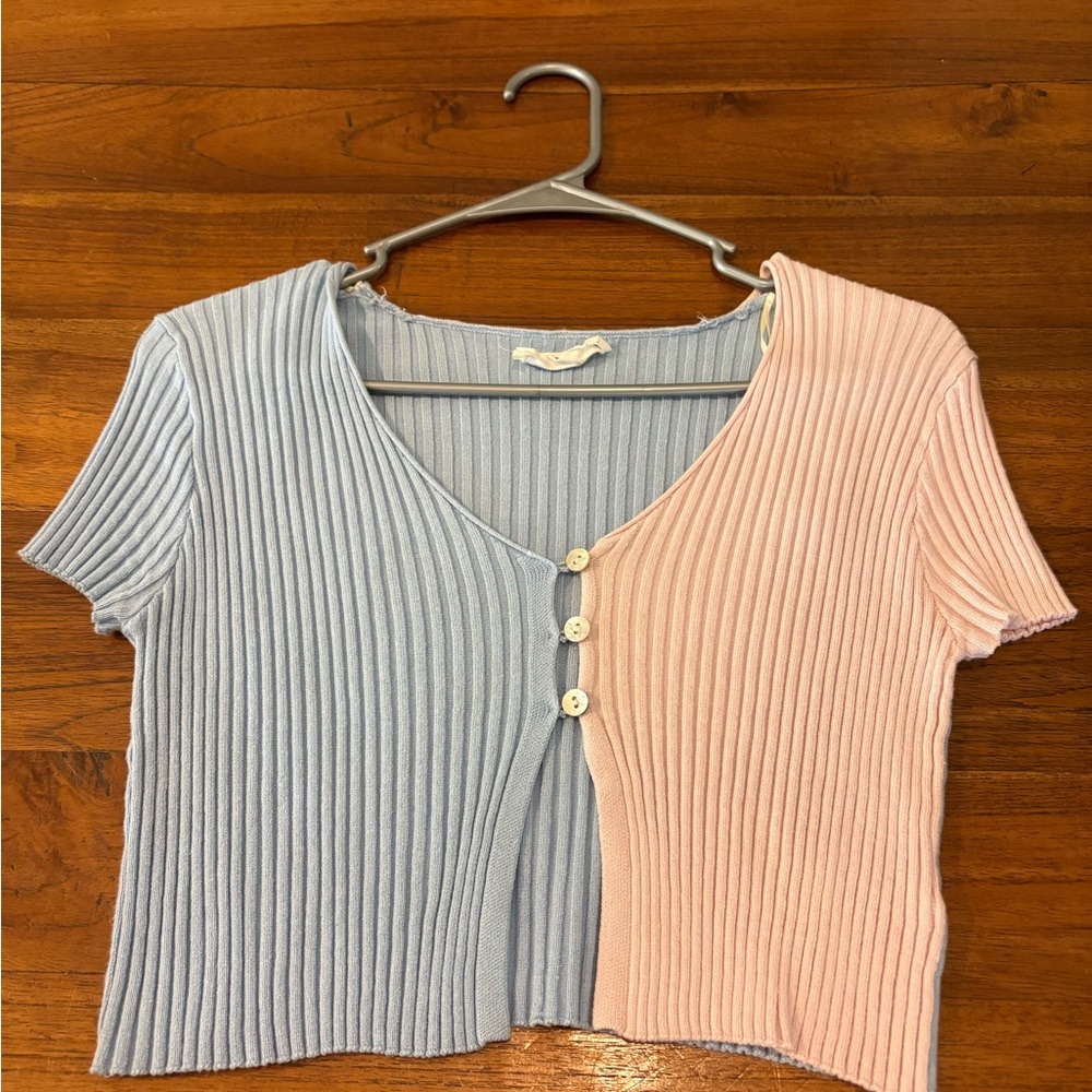 Double Zero Two-Tone Ribbed Crop Top in Light Blue and Light Pink
